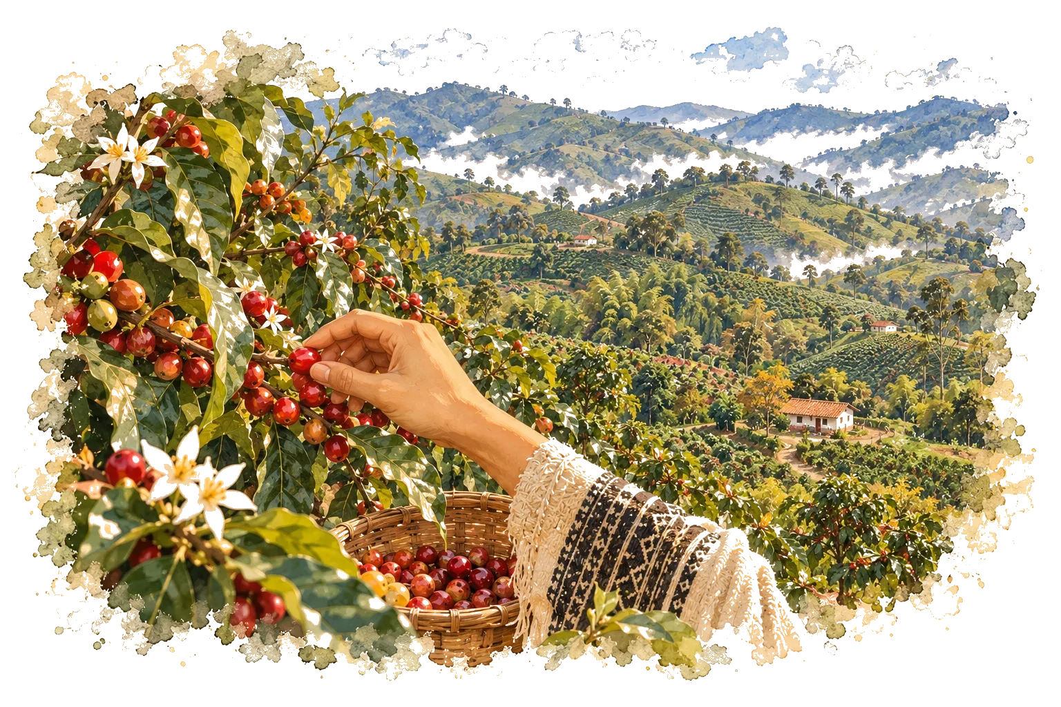 Hand-picking ripe coffee cherries above the valley
