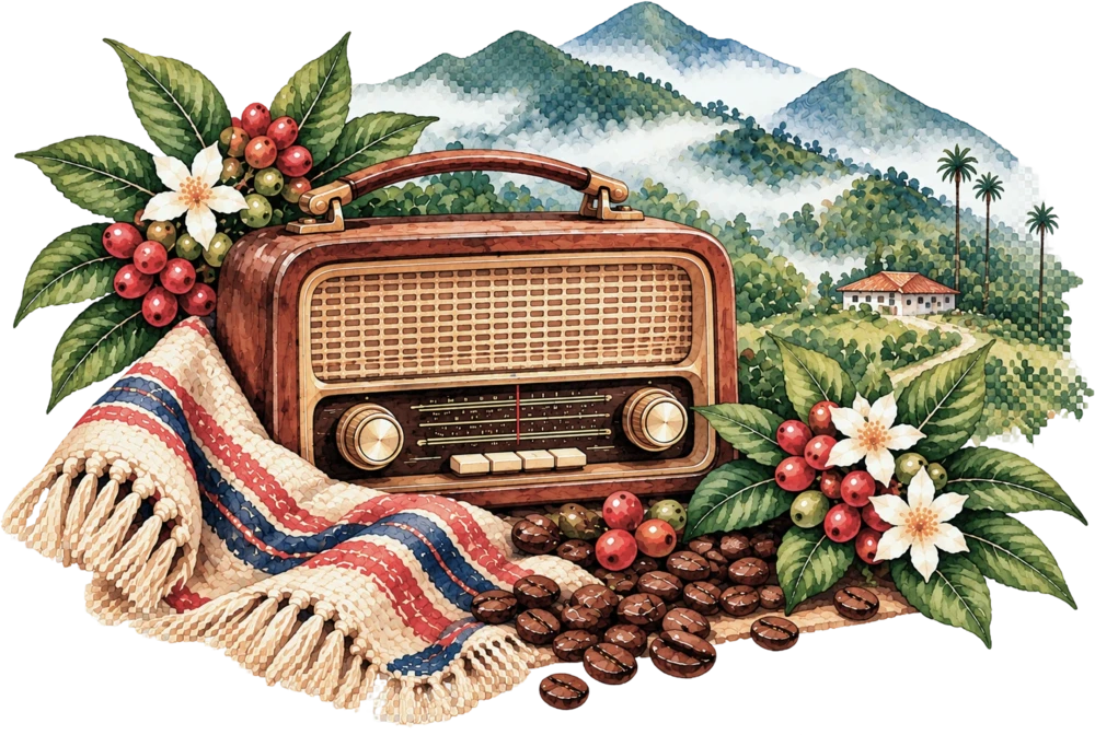 Vintage radio with coffee cherries, a ruana and misted mountains