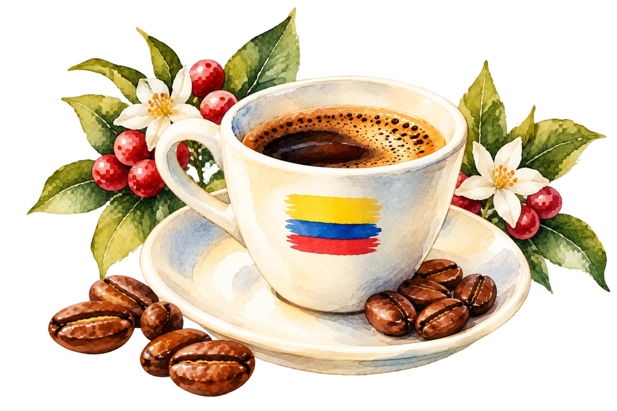 A cup of Casa Niebla coffee, Colombian flag on the side, coffee cherries and beans around it