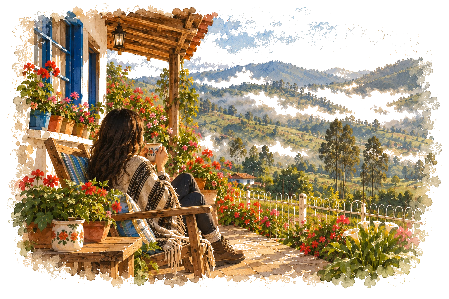 Watching the misted mountains from the porch, coffee in hand